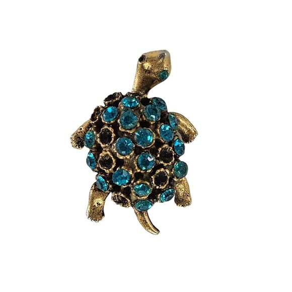 Vintage One Eyed Turtle Rhinestone Brooch Pin Gold Tone Blue Gemstones *AS IS* - Picture 1 of 8